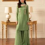 Lulusar Sage Green 3 Piece Suit with handmade crystal neckline, sequin lehenga and embellished dupatta