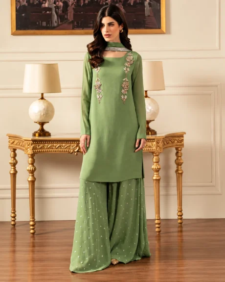 Lulusar Sage Green 3 Piece Suit with handmade crystal neckline, sequin lehenga and embellished dupatta