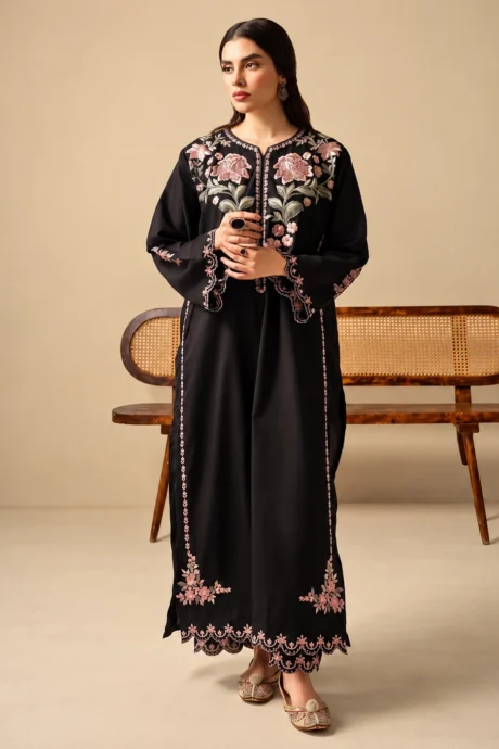 Batool Black Embroidered 2 Piece Suit with pastel floral embroidery on the neckline and sleeves.