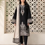 Jazmin Dhanak Embroidered 3 Piece Suit in black and beige with embroidered shirt and printed wool shawl
