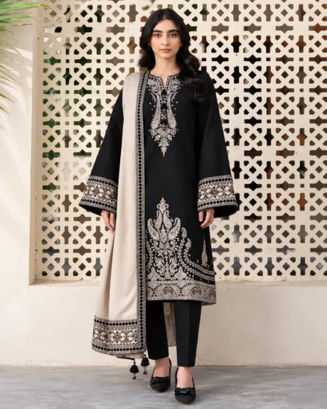 Jazmin Dhanak Embroidered 3 Piece Suit in black and beige with embroidered shirt and printed wool shawl