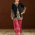 Azure Embroidered Chiffon 3 Piece Suit with black and gold embroidered shirt and magenta trousers