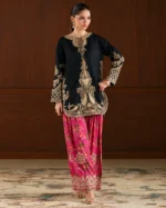 Azure Embroidered Chiffon 3 Piece Suit with black and gold embroidered shirt and magenta trousers