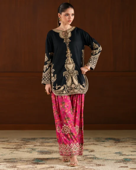 Azure Embroidered Chiffon 3 Piece Suit with black and gold embroidered shirt and magenta trousers