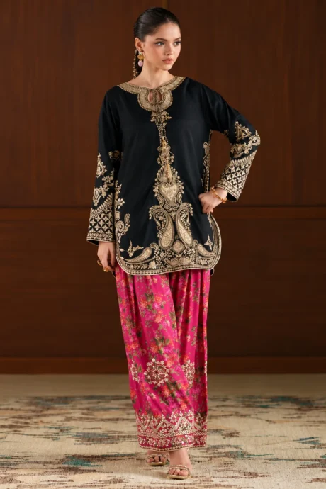 Azure Embroidered Chiffon 3 Piece Suit with black and gold embroidered shirt and magenta trousers