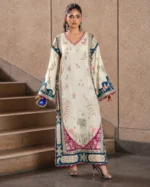 Ethnic Embroidered Silk Kaftaan in Ivory with Teal and Magenta Details