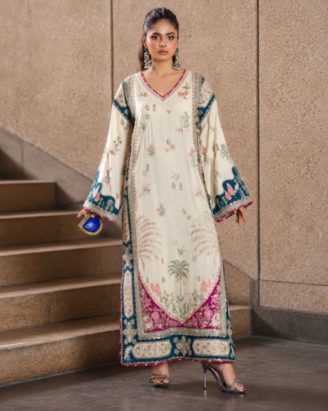 Ethnic Embroidered Silk Kaftaan in Ivory with Teal and Magenta Details