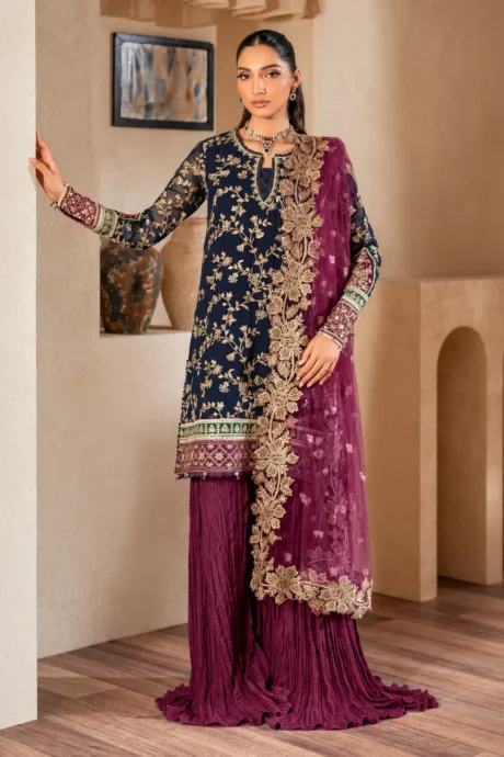 Dark Blue Embroidered Chiffon Suit with Embroidered Net Dupatta