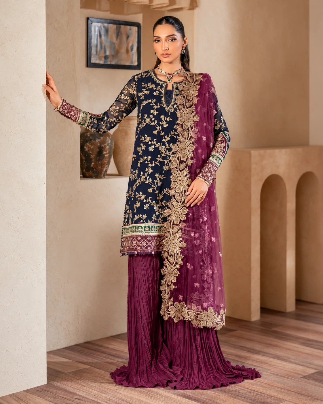 Dark Blue Embroidered Chiffon Suit – 5 Elegant Features