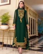 Green Embroidered Chiffon 3 Piece Suit with Antique Gold Zari Work