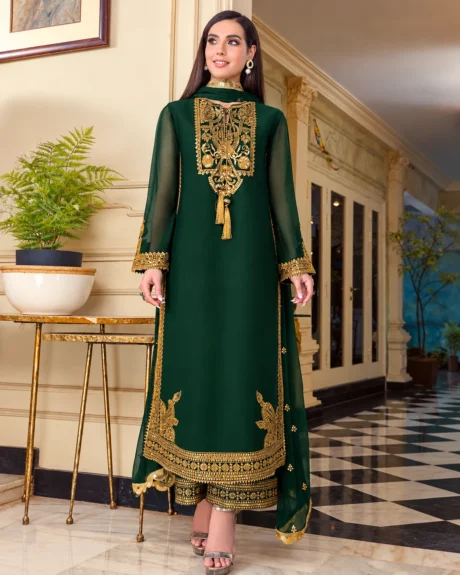 Green Embroidered Chiffon 3 Piece Suit with Antique Gold Zari Work