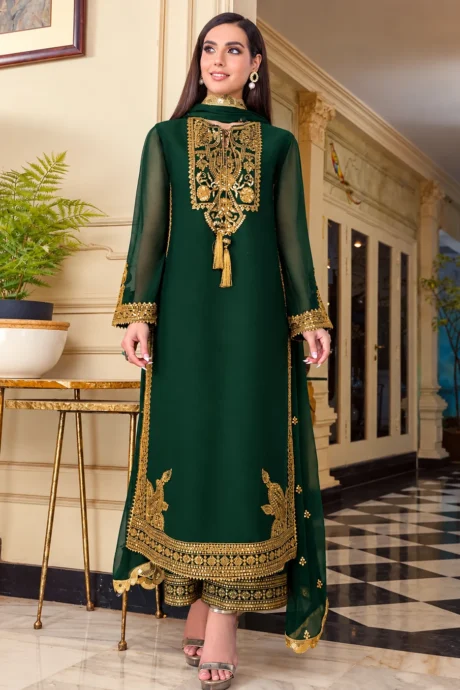 Green Embroidered Chiffon 3 Piece Suit with Antique Gold Zari Work