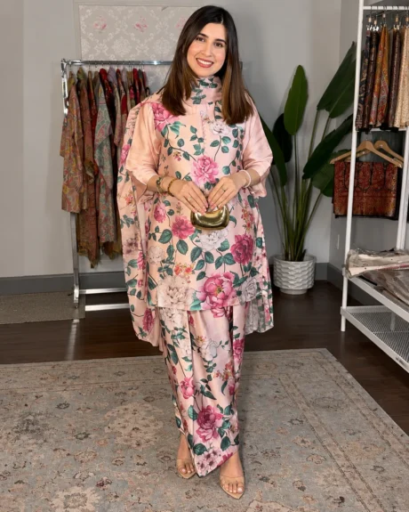 LULUSAR 3 Piece Shamooz Silk Suit with digital printed floral shirt, trouser and matching silk dupatta