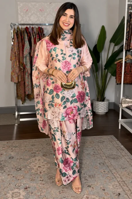 LULUSAR 3 Piece Shamooz Silk Suit with digital printed floral shirt, trouser and matching silk dupatta