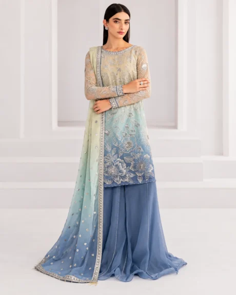 Chiffon Embroidered 3 Piece Suit with a tye-dye front, heavy sequin work, embroidered sleeves, and matching chiffon dupatta.