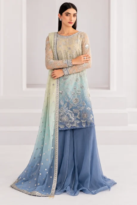 Chiffon Embroidered 3 Piece Suit with a tye-dye front, heavy sequin work, embroidered sleeves, and matching chiffon dupatta.