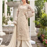 MARIA B Chiffon Suit in ivory with heavy embroidery, adda work neckline and embroidered chiffon dupatta