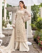 MARIA B Chiffon Suit in ivory with heavy embroidery, adda work neckline and embroidered chiffon dupatta