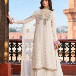 Azure Ivory Embroidered Chiffon 3 Piece Suit with gold and green embroidery and a net dupatta