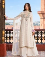 Azure Ivory Embroidered Chiffon 3 Piece Suit with gold and green embroidery and a net dupatta