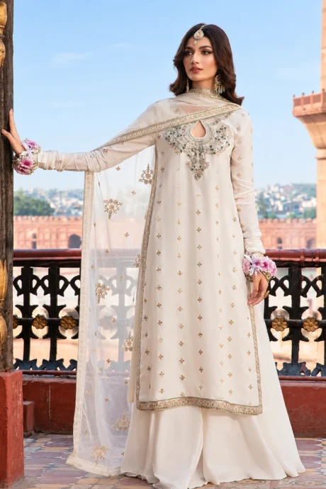 Azure Ivory Embroidered Chiffon 3 Piece Suit with gold and green embroidery and a net dupatta