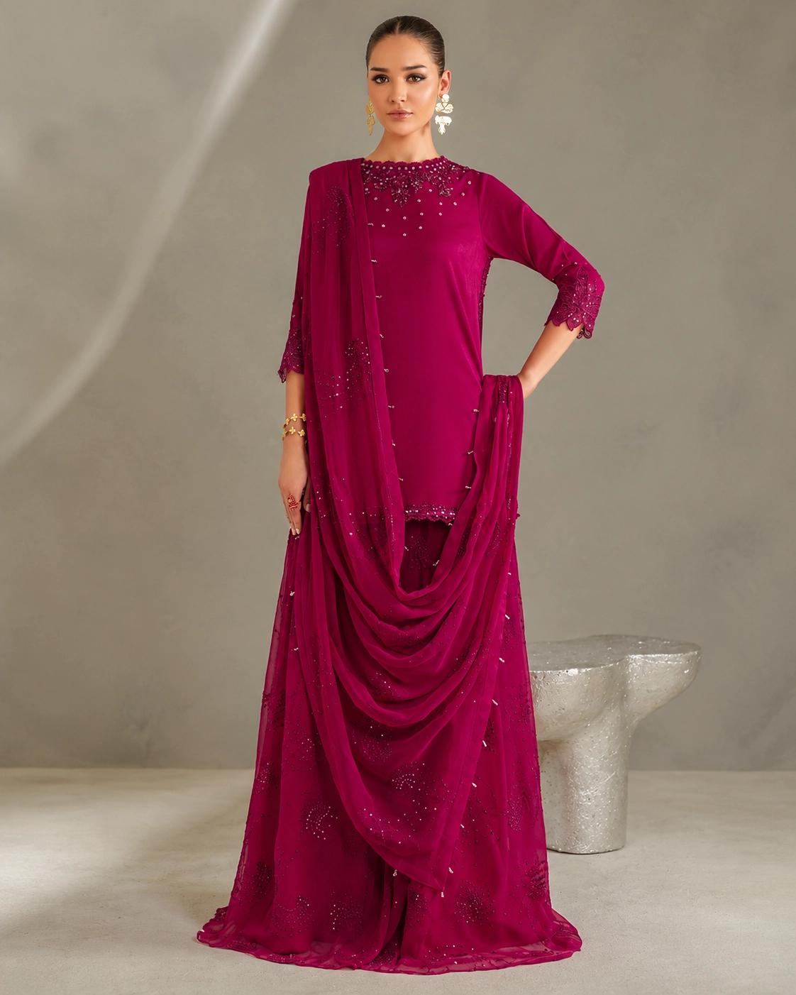Iznik Fuchsia Embroidered Chiffon Suit – 5 Stunning Details