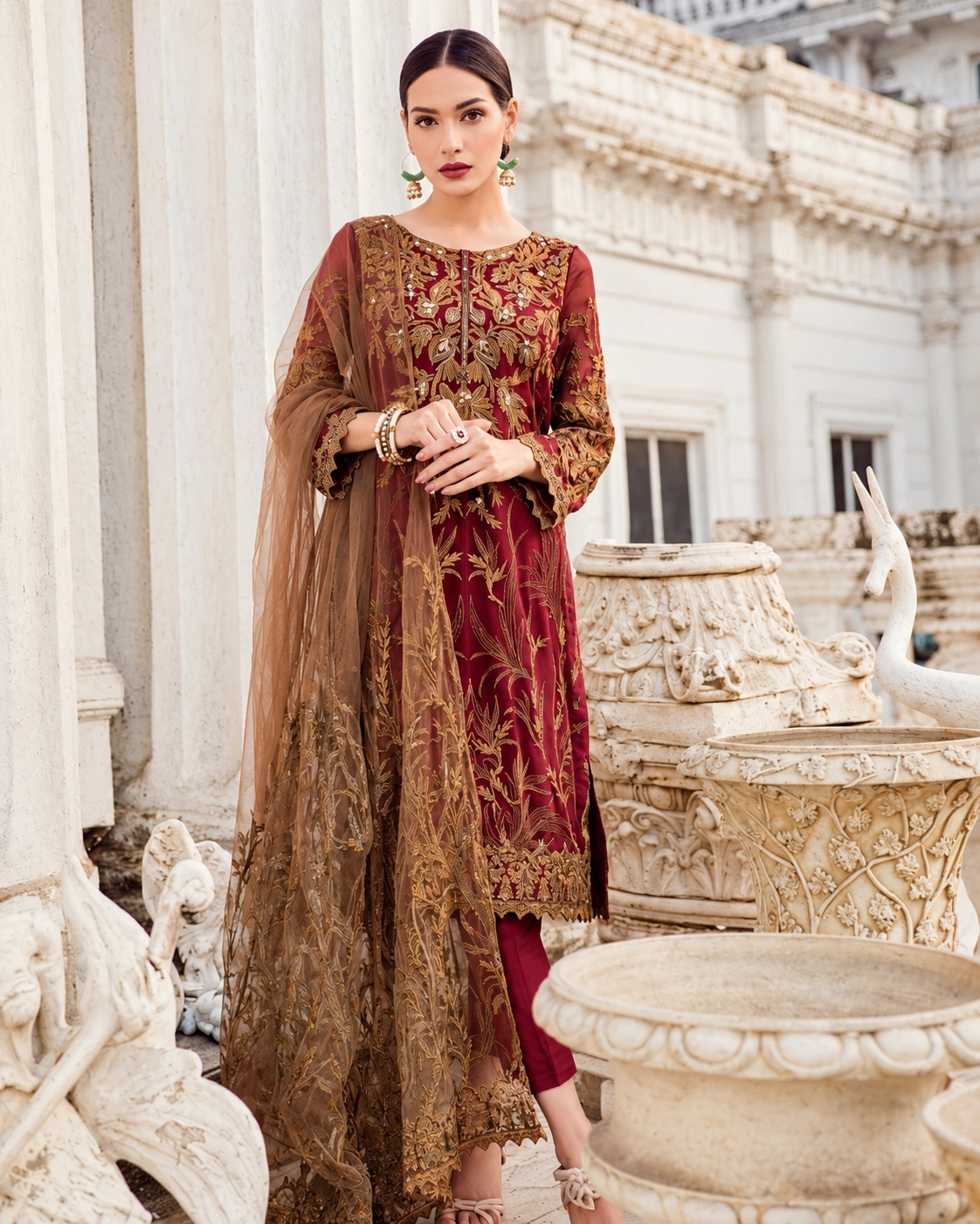 Iznik Maroon Embroidered Chiffon Suit – 5 Stunning Details