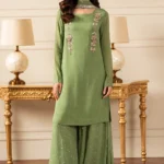 Lulusar Sage Green 3 Piece Suit with handmade crystal neckline, sequin lehenga and embellished dupatta