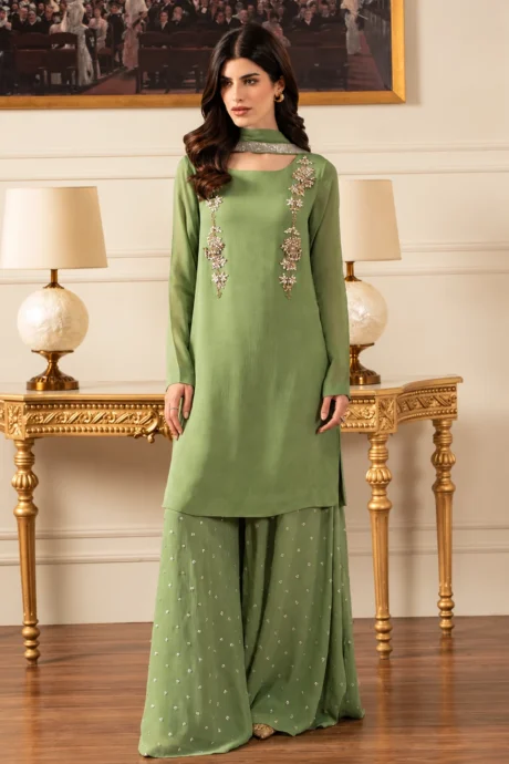 Lulusar Sage Green 3 Piece Suit with handmade crystal neckline, sequin lehenga and embellished dupatta