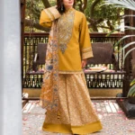 Sapphire Dhanak 3 Piece Suit in mustard yellow with embroidered shirt and trouser and printed wool shawl