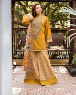 Sapphire Dhanak 3 Piece Suit in mustard yellow with embroidered shirt and trouser and printed wool shawl
