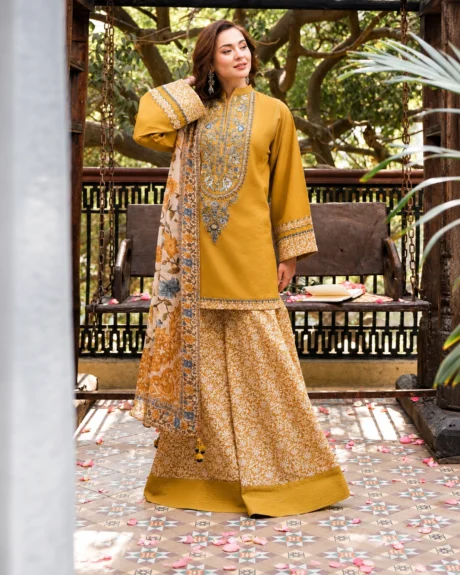 Sapphire Dhanak 3 Piece Suit in mustard yellow with embroidered shirt and trouser and printed wool shawl