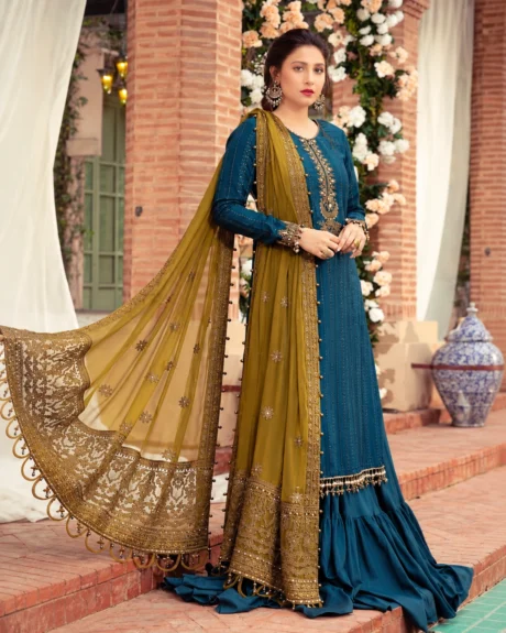 MARAI.B* Teal Chiffon Embroidered Suit with Mustard Gold Dupatta