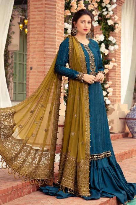MARAI.B* Teal Chiffon Embroidered Suit with Mustard Gold Dupatta