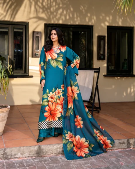Teal Floral Silk Suit for Women featuring a long A-line shirt with floral print and matching silk palazzo outfit.