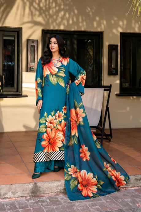 Teal Floral Silk Suit for Women featuring a long A-line shirt with floral print and matching silk palazzo outfit.