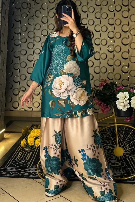 Al-Bakhat 2 Piece Satin Silk Kurta Set with teal floral printed kurta and matching shalwar