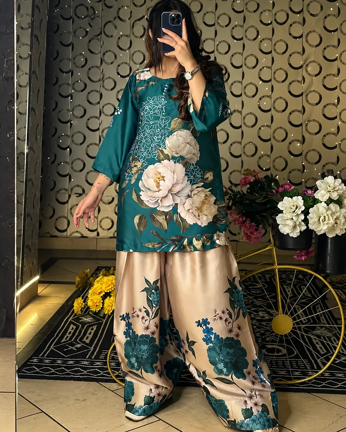 Al-Bakhat 2 Piece Satin Silk Kurta Set – Floral Print
